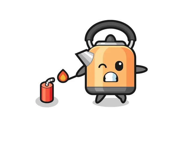 Kettle Mascot Illustration Playing Firecracker Cute Design — Wektor stockowy