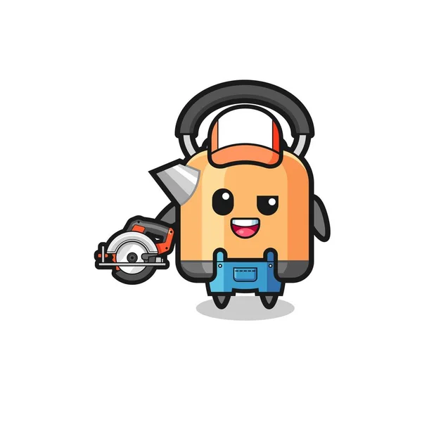 Woodworker Kettle Mascot Holding Circular Saw Cute Design — стоковый вектор