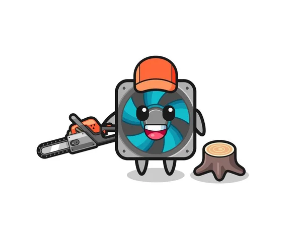 Computer Fan Lumberjack Character Holding Chainsaw Cute Design — Stock Vector