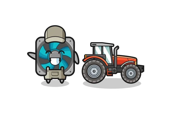 Computer Fan Farmer Mascot Standing Tractor Cute Design — Vetor de Stock