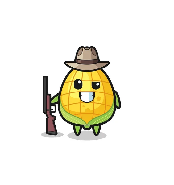 Corn Hunter Mascot Holding Gun Cute Design — Stockvector