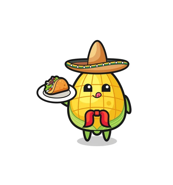 Corn Mexican Chef Mascot Holding Taco Cute Design — стоковый вектор