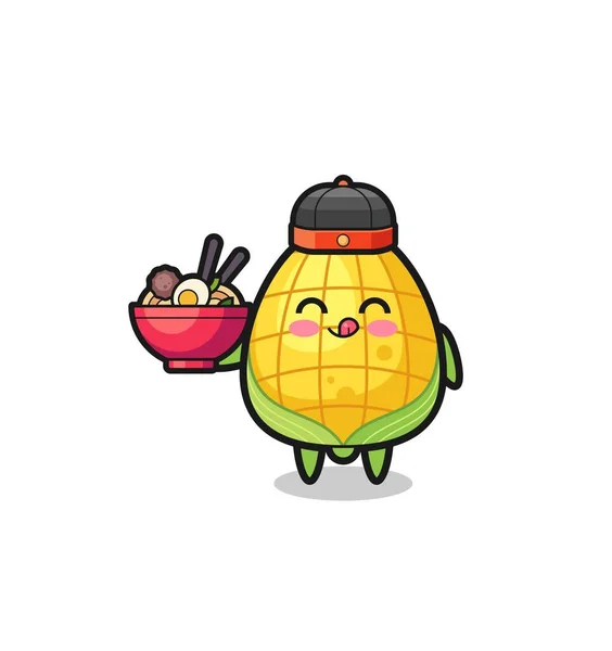 Corn Chinese Chef Mascot Holding Noodle Bowl Cute Design — 图库矢量图片