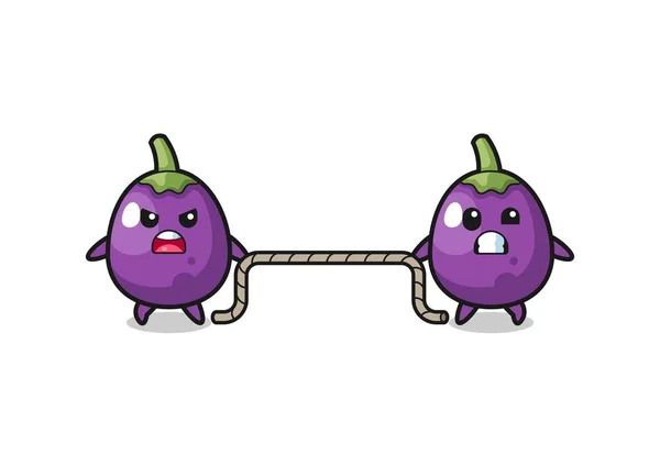 Cute Eggplant Character Playing Tug War Game Cute Design — Stock Vector