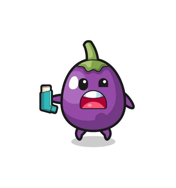 Eggplant Mascot Having Asthma While Holding Inhaler Cute Design — стоковый вектор