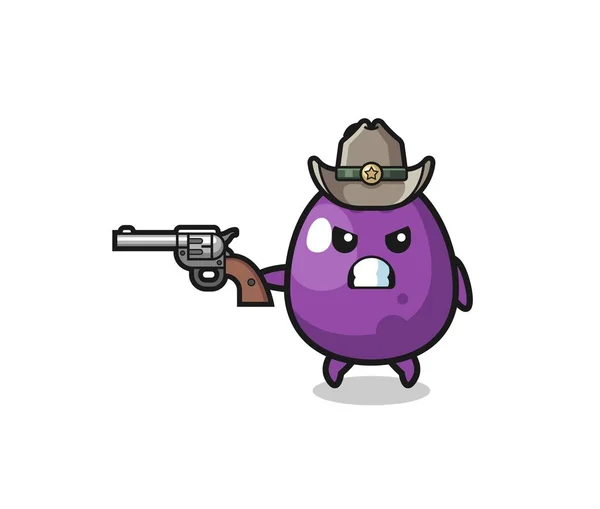 Eggplant Cowboy Shooting Gun Cute Design — Vetor de Stock