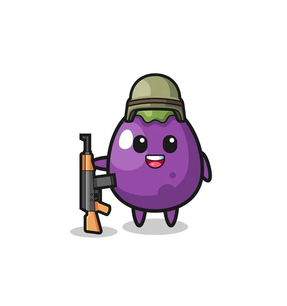 Cute Eggplant Mascot Soldier Cute Design — 스톡 벡터