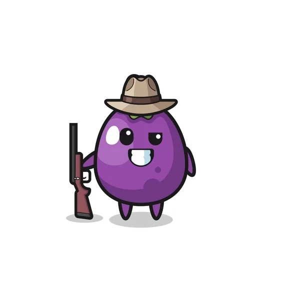 Eggplant Hunter Mascot Holding Gun Cute Design — Stock Vector