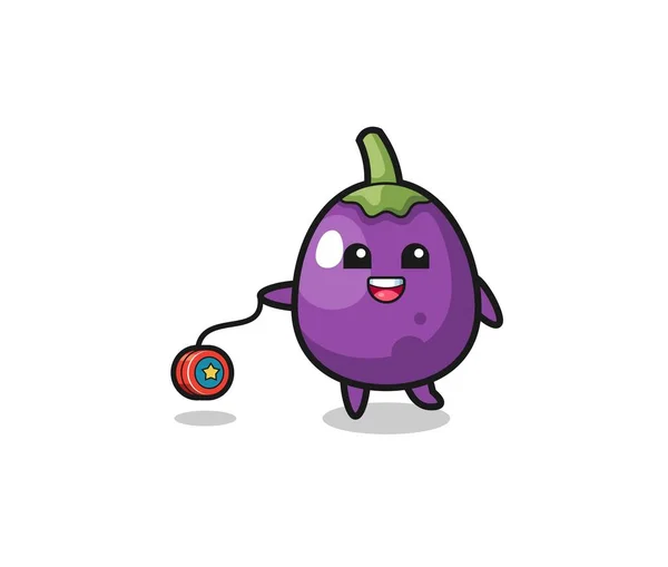 Cartoon Cute Eggplant Playing Yoyo Cute Design — Stock Vector