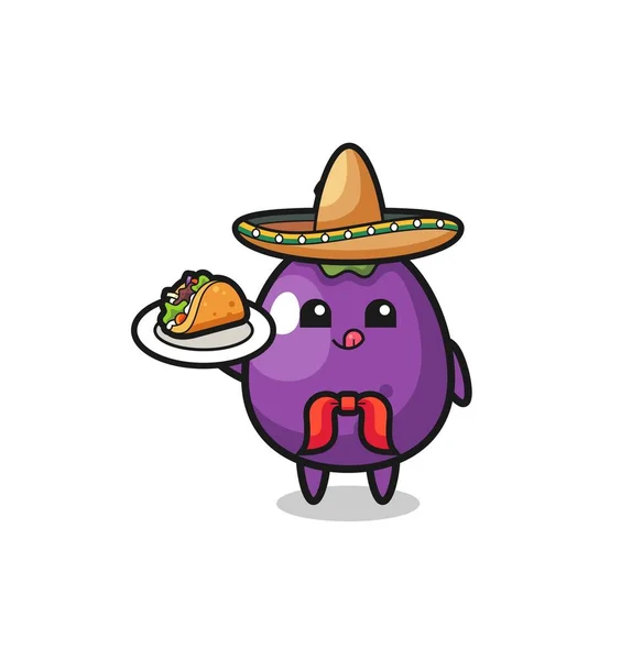 Eggplant Mexican Chef Mascot Holding Taco Cute Design — ストックベクタ