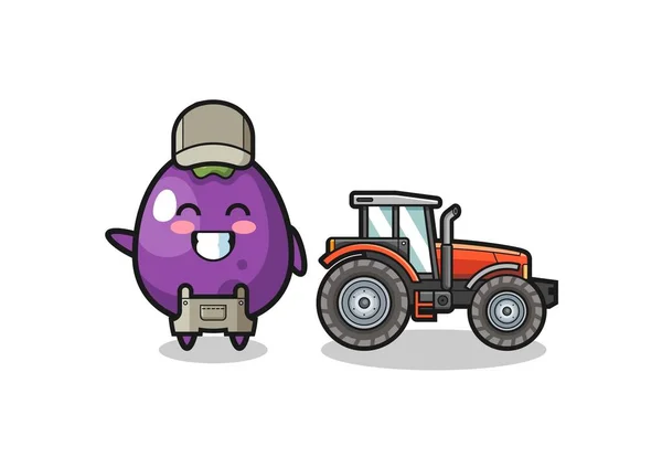 Eggplant Farmer Mascot Standing Tractor Cute Design — Wektor stockowy