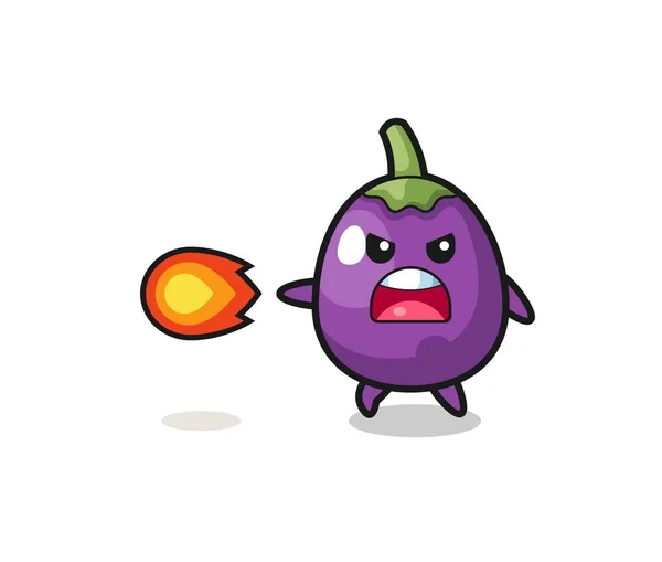 Cute Eggplant Mascot Shooting Fire Power Cute Design —  Vetores de Stock