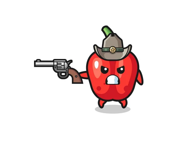 Red Bell Pepper Cowboy Shooting Gun Cute Design — Stok Vektör