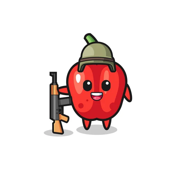 Cute Red Bell Pepper Mascot Soldier Cute Design — Vetor de Stock