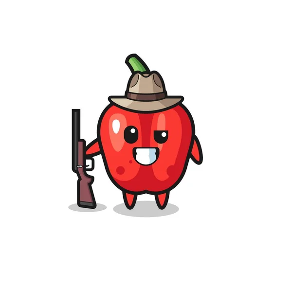 Red Bell Pepper Hunter Mascot Holding Gun Cute Design — стоковый вектор