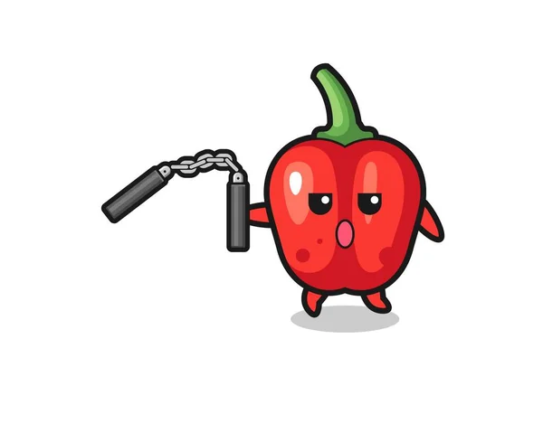 Cartoon Red Bell Pepper Using Nunchaku Cute Design — стоковый вектор