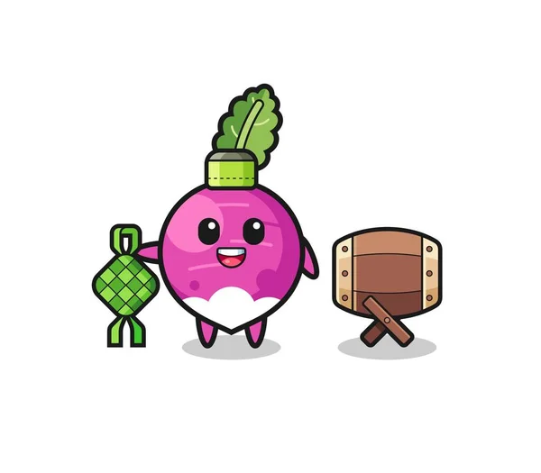 Turnip Muslim Character Celebrating Eid Fitr Cute Design —  Vetores de Stock