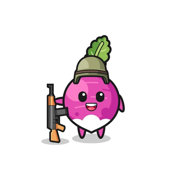 Cute Turnip Mascot Soldier Cute Design — Stock Vector