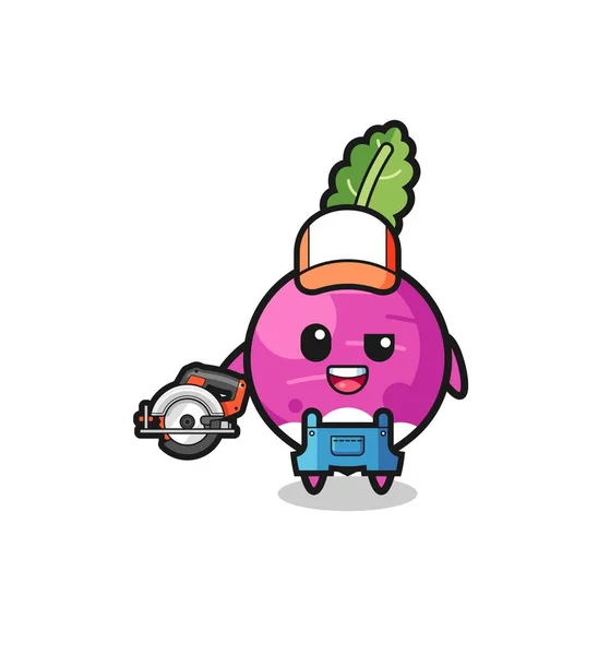 Woodworker Turnip Mascot Holding Circular Saw Cute Design — Wektor stockowy