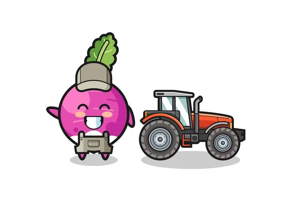 那个站在拖拉机旁边的萝卜农吉祥物 可爱的设计 — 图库矢量图片