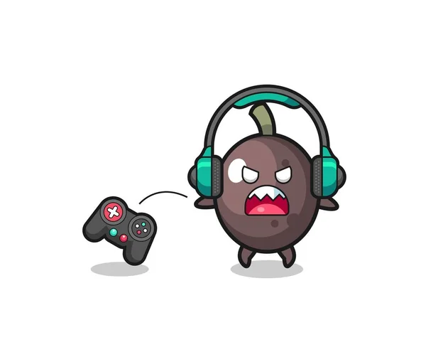 Black Olive Gamer Mascot Angry Cute Design — Stok Vektör