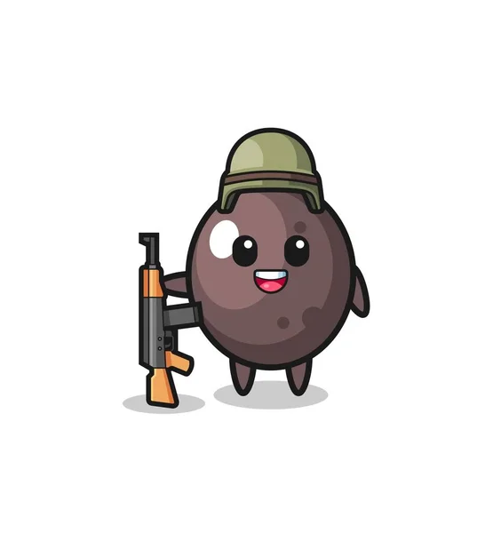 Cute Black Olive Mascot Soldier Cute Design — Stock vektor