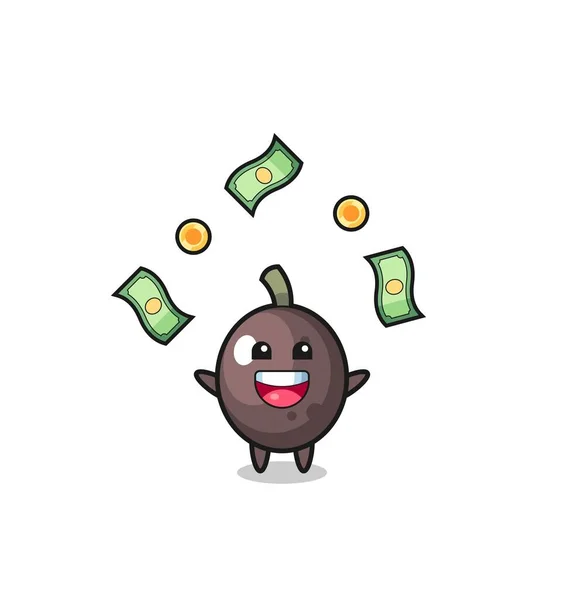 Illustration Black Olive Catching Money Falling Sky Cute Design — Stok Vektör