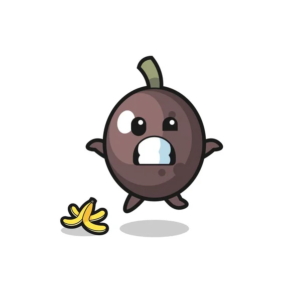 Black Olive Cartoon Slip Banana Peel Cute Design — Wektor stockowy