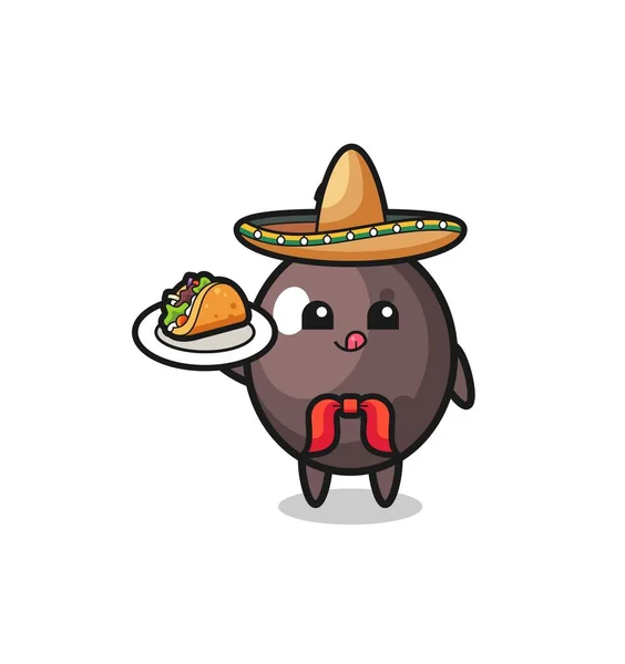 Black Olive Mexican Chef Mascot Holding Taco Cute Design — ストックベクタ