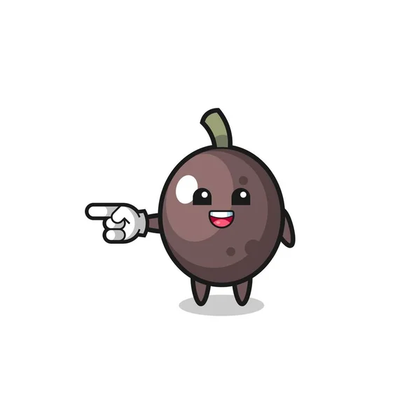 Black Olive Cartoon Pointing Left Gesture Cute Design — стоковый вектор