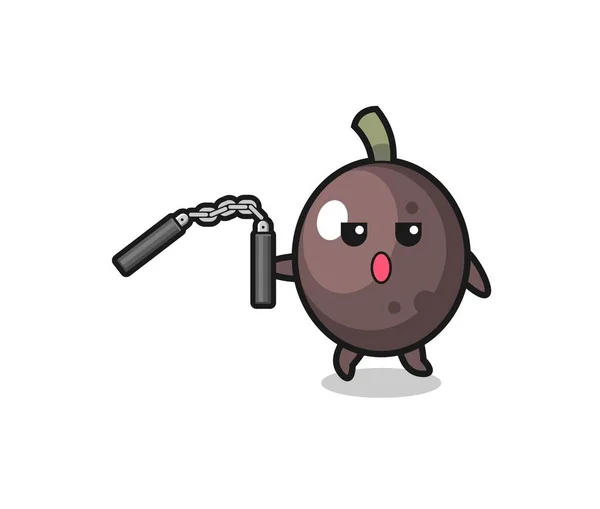 Cartoon Black Olive Using Nunchaku Cute Design — Wektor stockowy