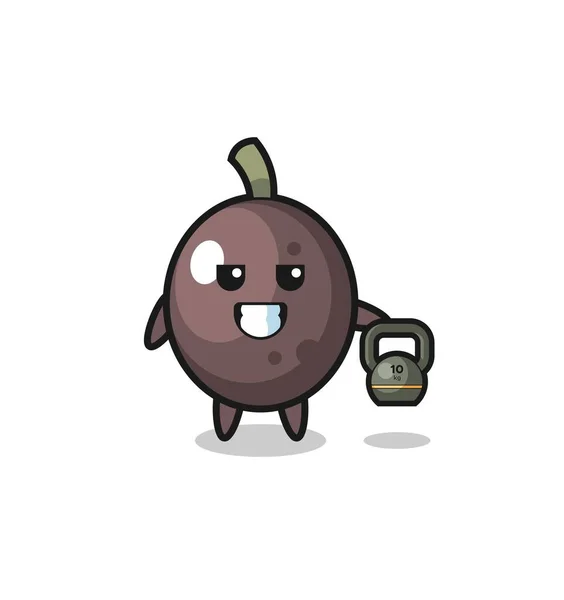 Black Olive Mascot Lifting Kettlebell Gym Cute Design — Archivo Imágenes Vectoriales