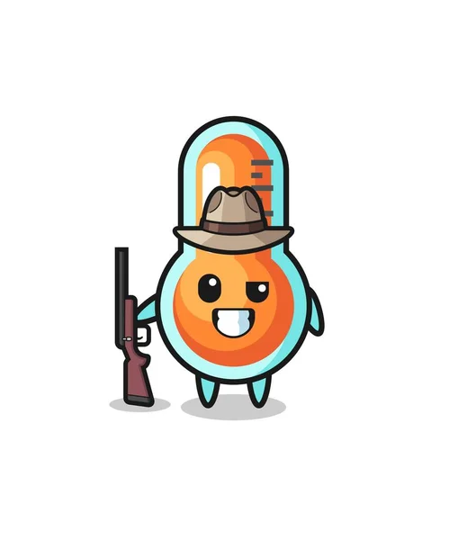 Thermometer Hunter Mascot Holding Gun Cute Design — Vector de stock