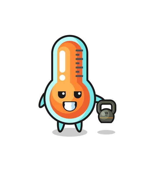 Thermometer Mascot Lifting Kettlebell Gym Cute Design — Stockvector