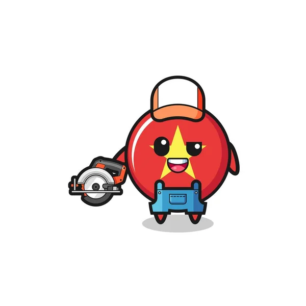 Woodworker Vietnam Flag Mascot Holding Circular Saw Cute Design — Image vectorielle