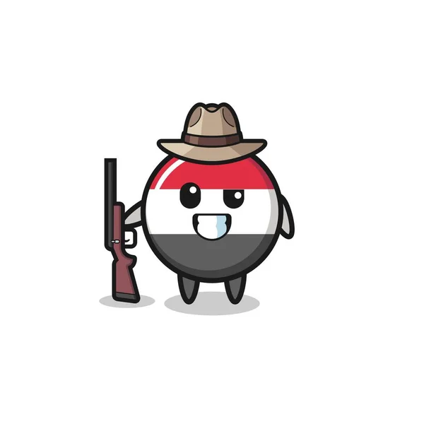 Yemen Flag Hunter Mascot Holding Gun Cute Design — Stockvektor