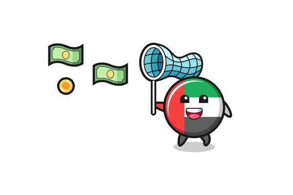Illustration Uae Flag Catching Flying Money Cute Design — Stock Vector