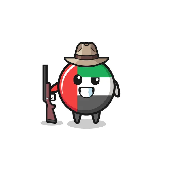 Uae Flag Hunter Mascot Holding Gun Cute Design — Stok Vektör