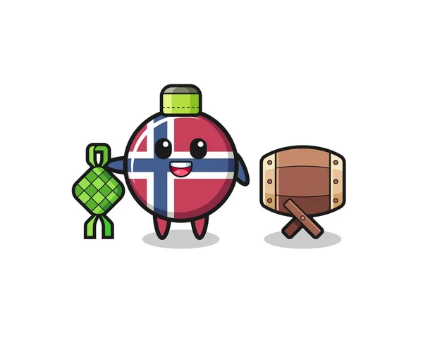 Norway Flag Muslim Character Celebrating Eid Fitr Cute Design — Stock vektor