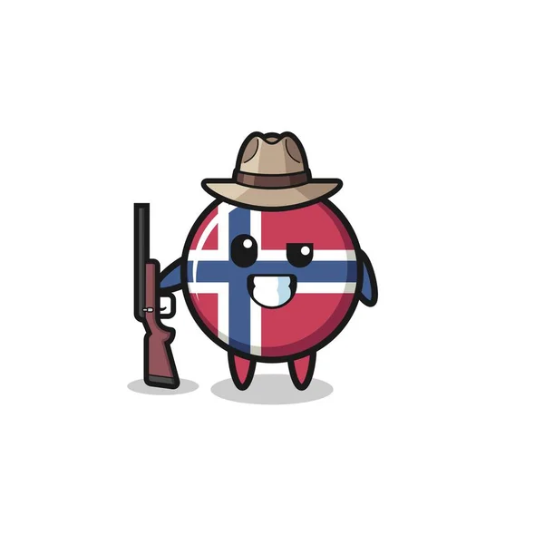 Norway Σημαία Κυνηγός Μασκότ Κρατώντας Ένα Όπλο Χαριτωμένο Σχεδιασμό — Διανυσματικό Αρχείο