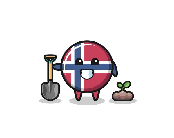 Cute Norway Flag Cartoon Planting Tree Seed Cute Design - Stok Vektor