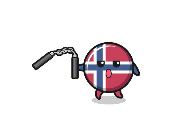 Kartun Bendera Norway Menggunakan Nunchaku Desain Yang Lucu - Stok Vektor