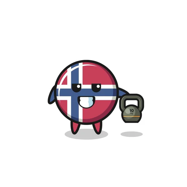 Norway Flag Mascot Lifting Kettlebell Gym Cute Design — Stock vektor