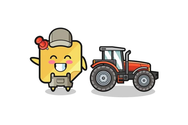 Sticky Notes Farmer Mascot Standing Tractor Cute Design — стоковый вектор