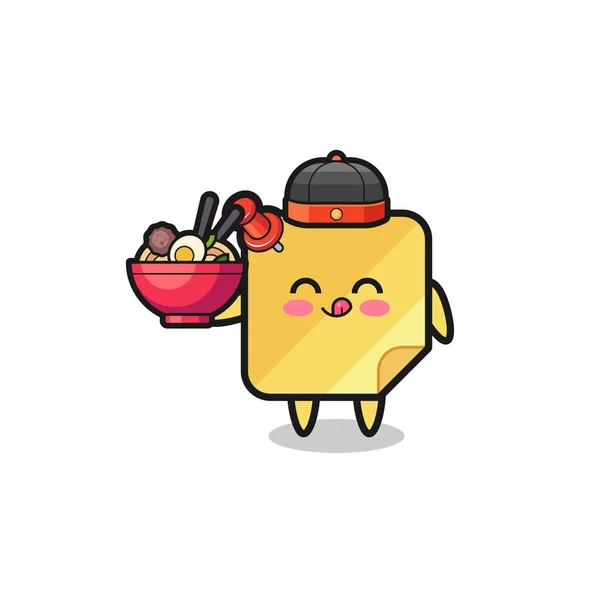 Sticky Notes Chinese Chef Mascot Holding Noodle Bowl Cute Design — Image vectorielle
