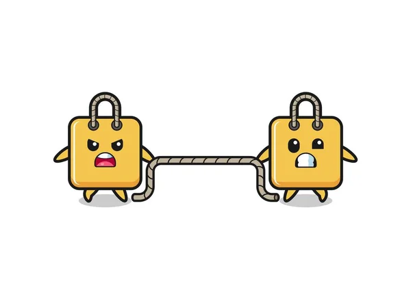 Cute Shopping Bag Character Playing Tug War Game Cute Design — Image vectorielle