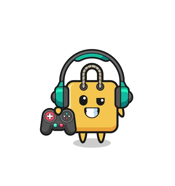 Shopping Bag Gamer Mascot Holding Game Controller Cute Design — Vector de stock