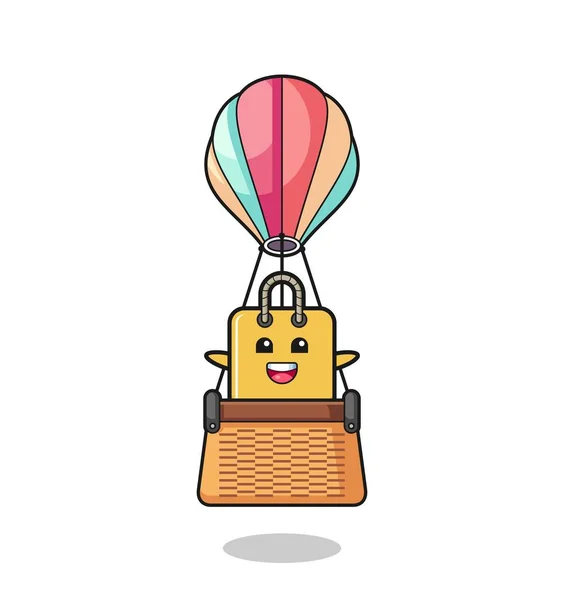 Shopping Bag Mascot Riding Hot Air Balloon Cute Design — Image vectorielle
