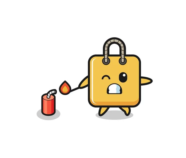 Shopping Bag Mascot Illustration Playing Firecracker Cute Design — Image vectorielle