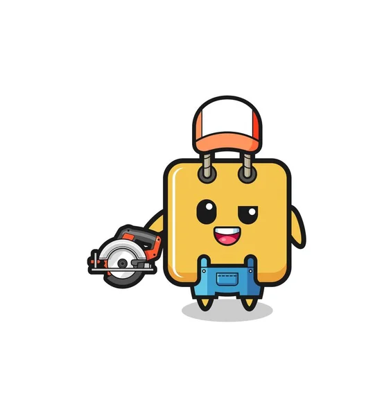 Woodworker Shopping Bag Mascot Holding Circular Saw Cute Design — Image vectorielle